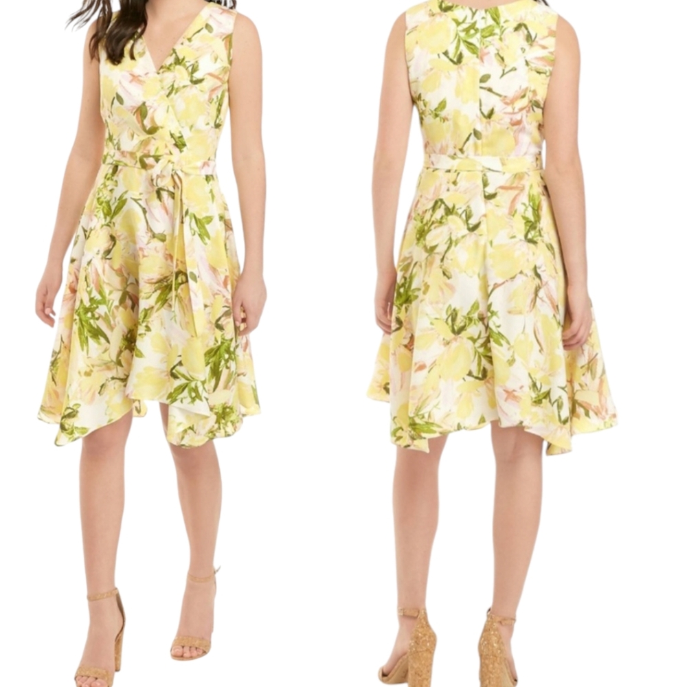 DN Design Women's Floral Dress V-Neck Belted Size 16